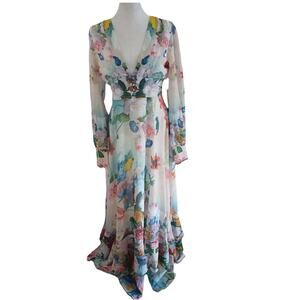 Dalia MacPhee Floral Maxi Dress White Multi Long Sleeve V-Neck Formal Size M NWT